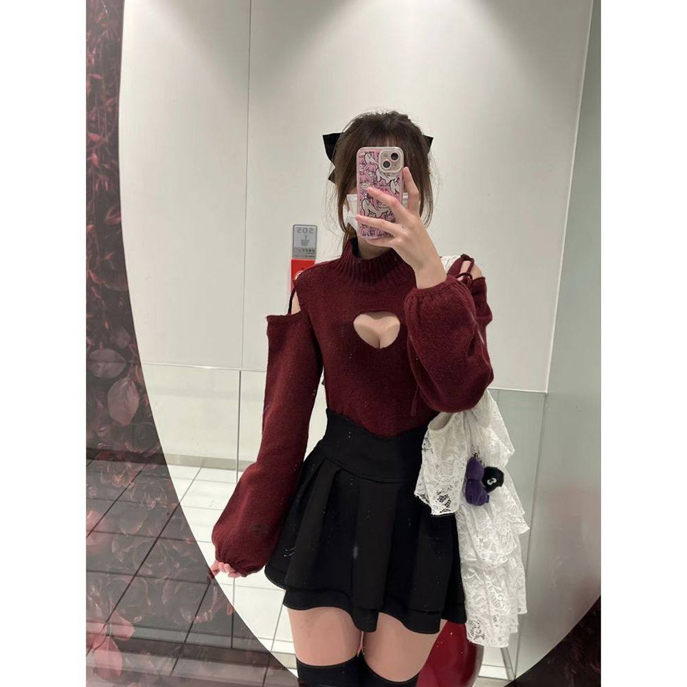 秋冬新款日系甜美露肩修身显瘦系带上衣