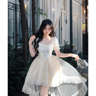 半盏情话 夏季新款法式千金风蝴蝶结提花公主蓬蓬拖尾连衣裙套装