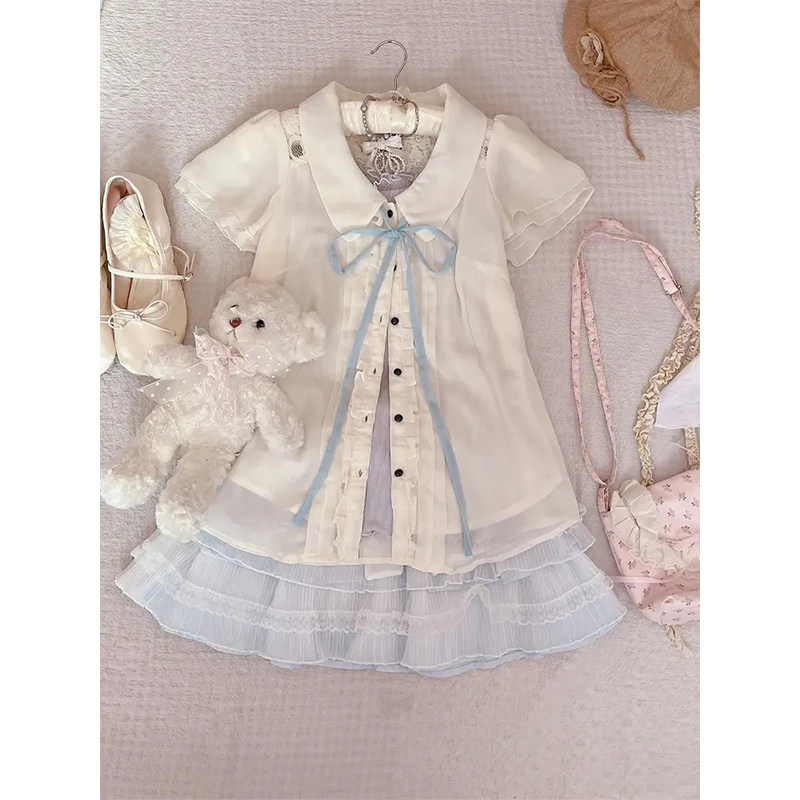 日系甜美少女感套装女夏季2025新款荷叶边衬衫吊带蛋糕短裙三件套