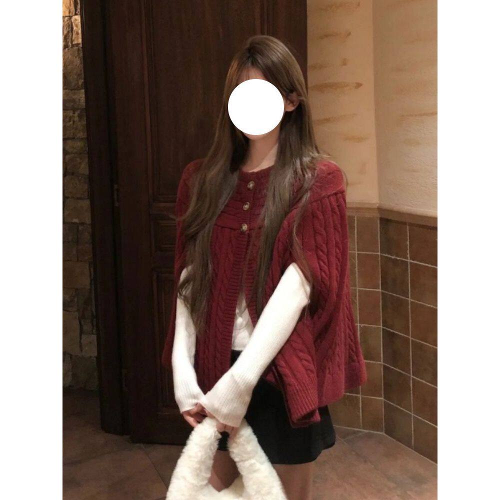 新年圣诞韩系学院风套装毛织披肩外套长袖打底衫收腰半身裙三件套