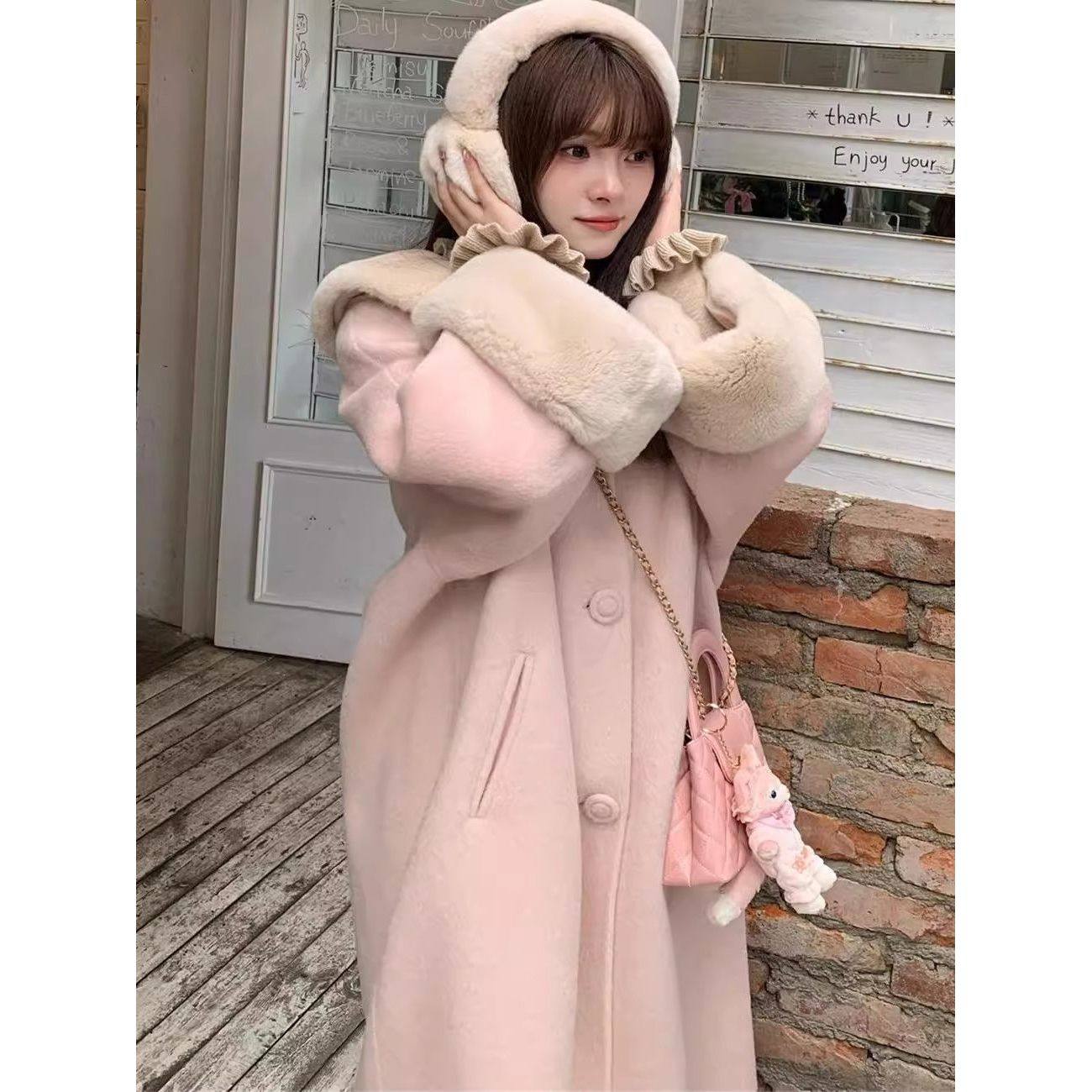 甜美学院风气质毛毛领连帽长款呢子大衣女2025秋冬新款宽松厚外套