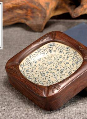 OQ5M中式烟灰缸青花瓷烟灰缸根雕烟灰缸工艺品烟缸木头烟灰缸复古