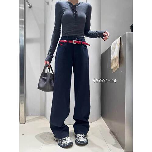 B1B2 97001 26新款高腰弹力显瘦图案窄版阔腿直筒裤长裤女