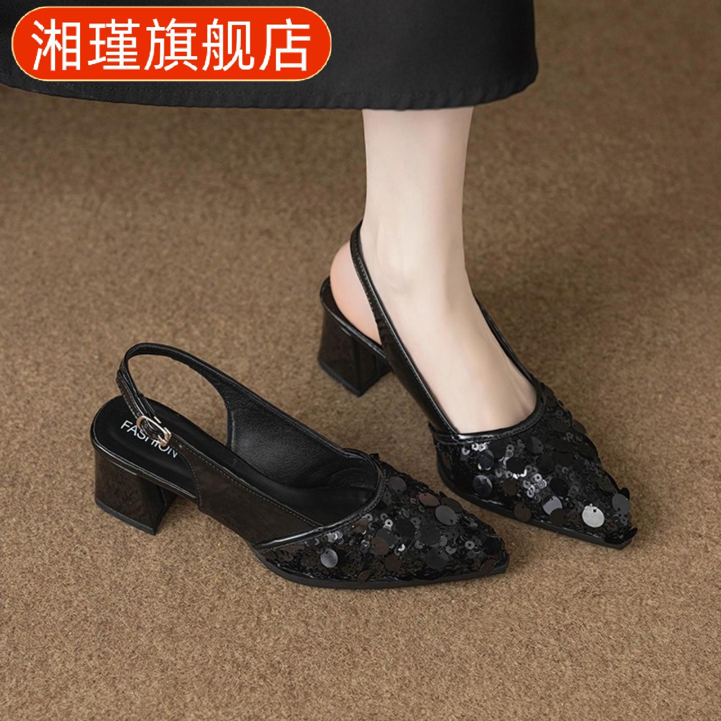 高级感亮片尖头银色高跟凉鞋女夏