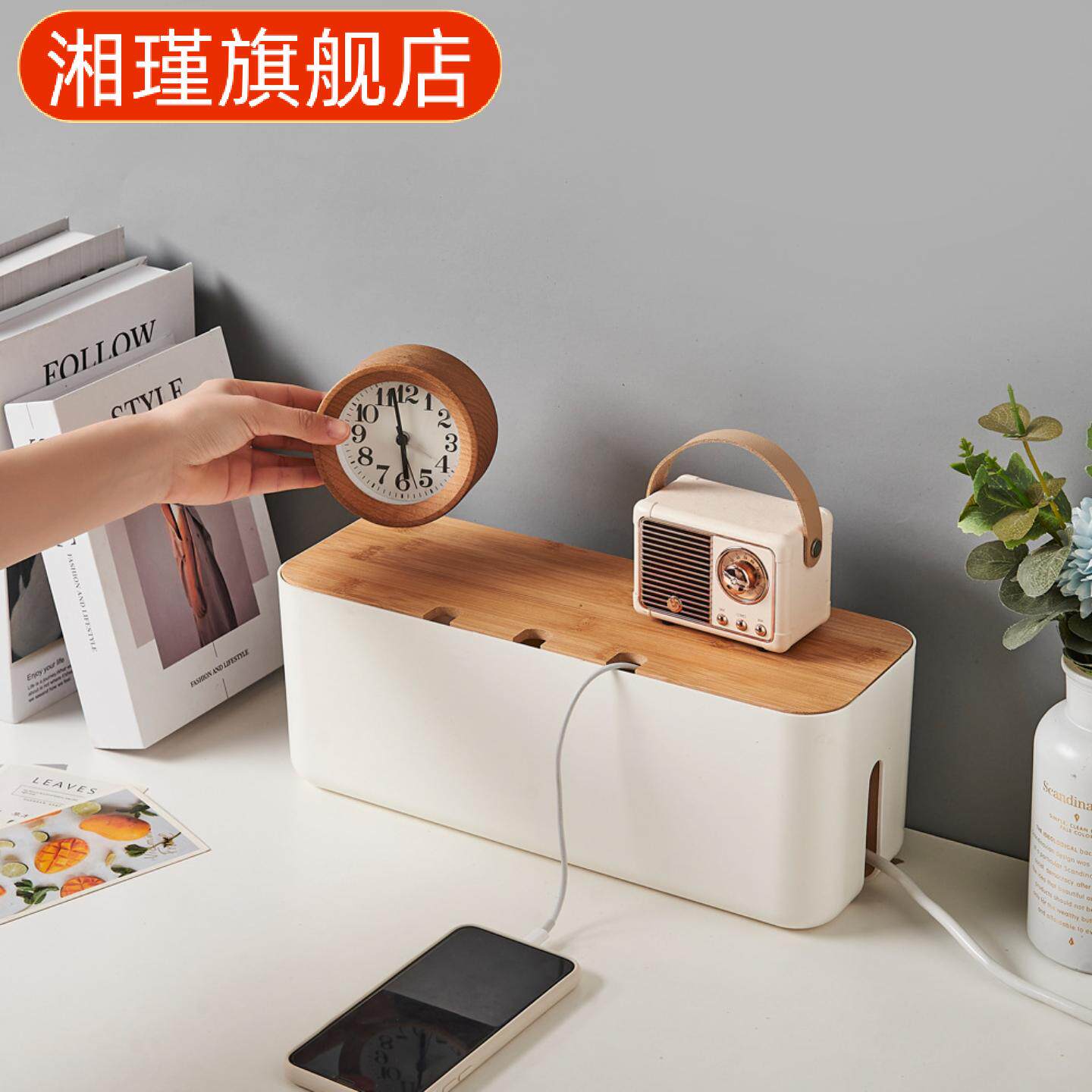 竹木盖带孔电线盒集线盒桌面插座
