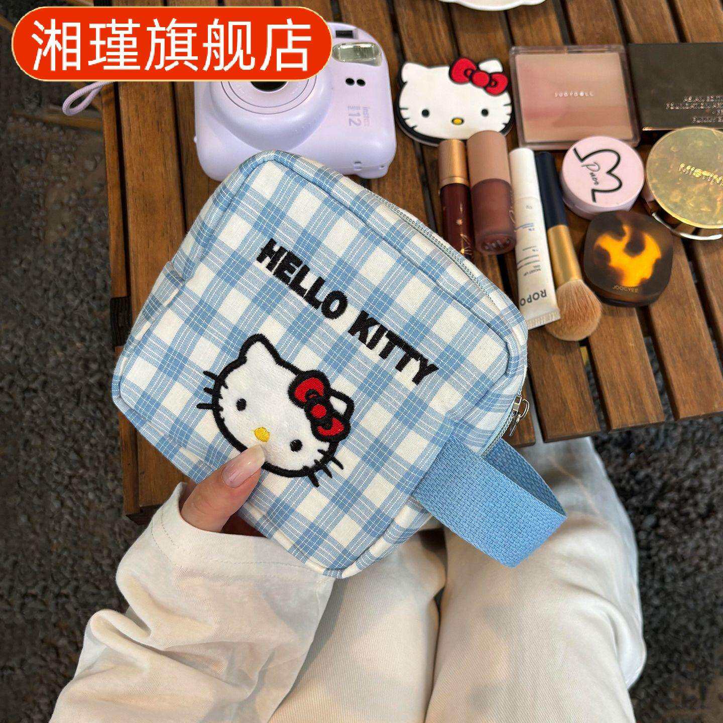 时尚清新蓝格手提包女春款大容量