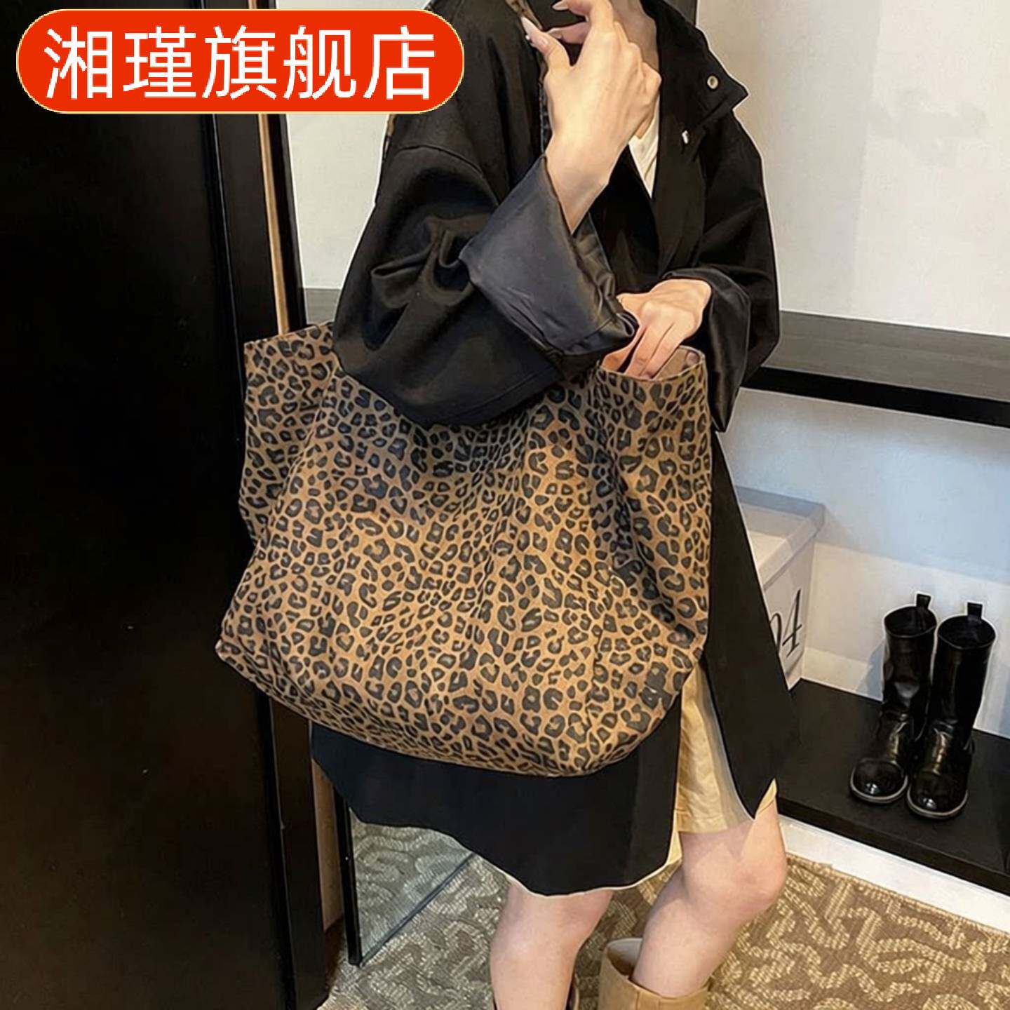 韩系小众豹纹帆布托特包女春款大