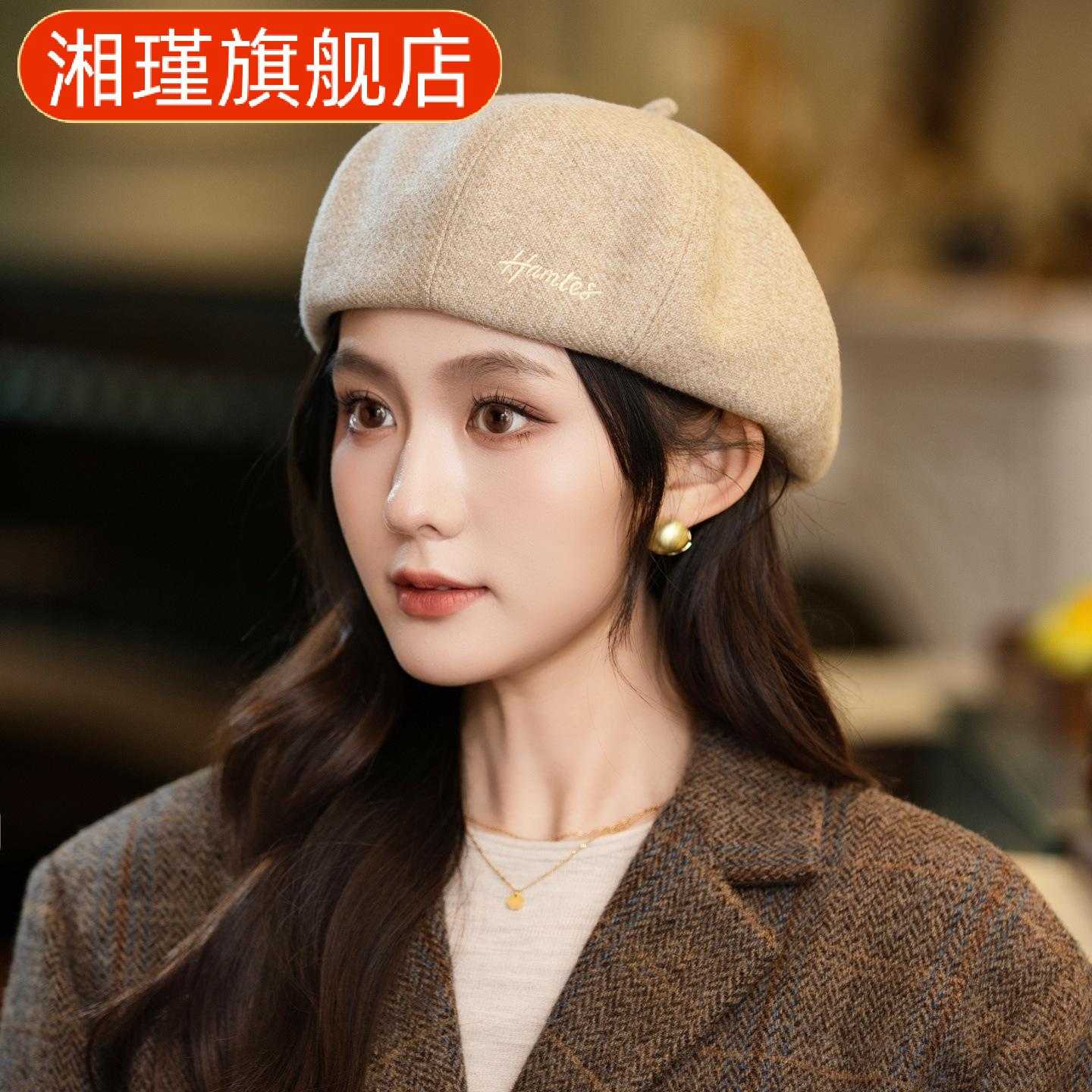 棕色法式八角贝雷帽女秋冬复古小