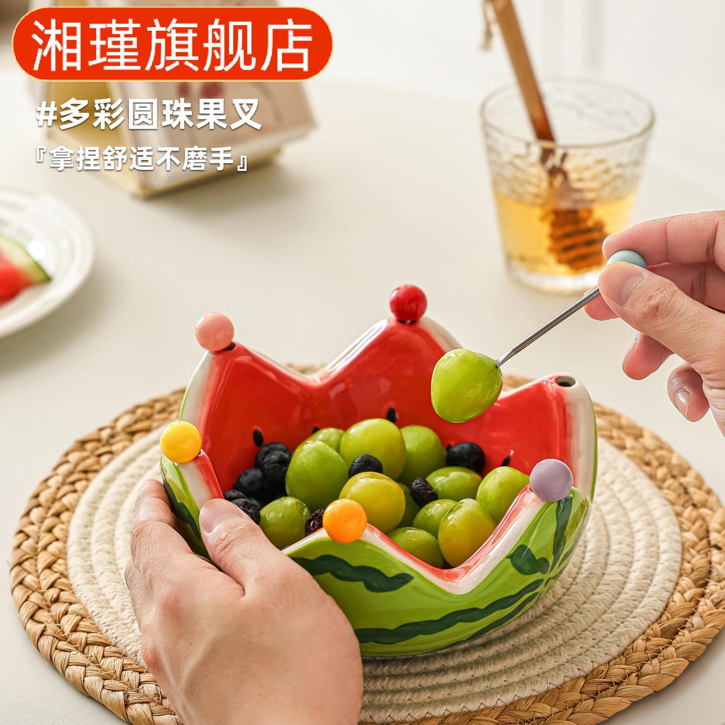 创意西瓜造型陶瓷果盘+水果叉｜