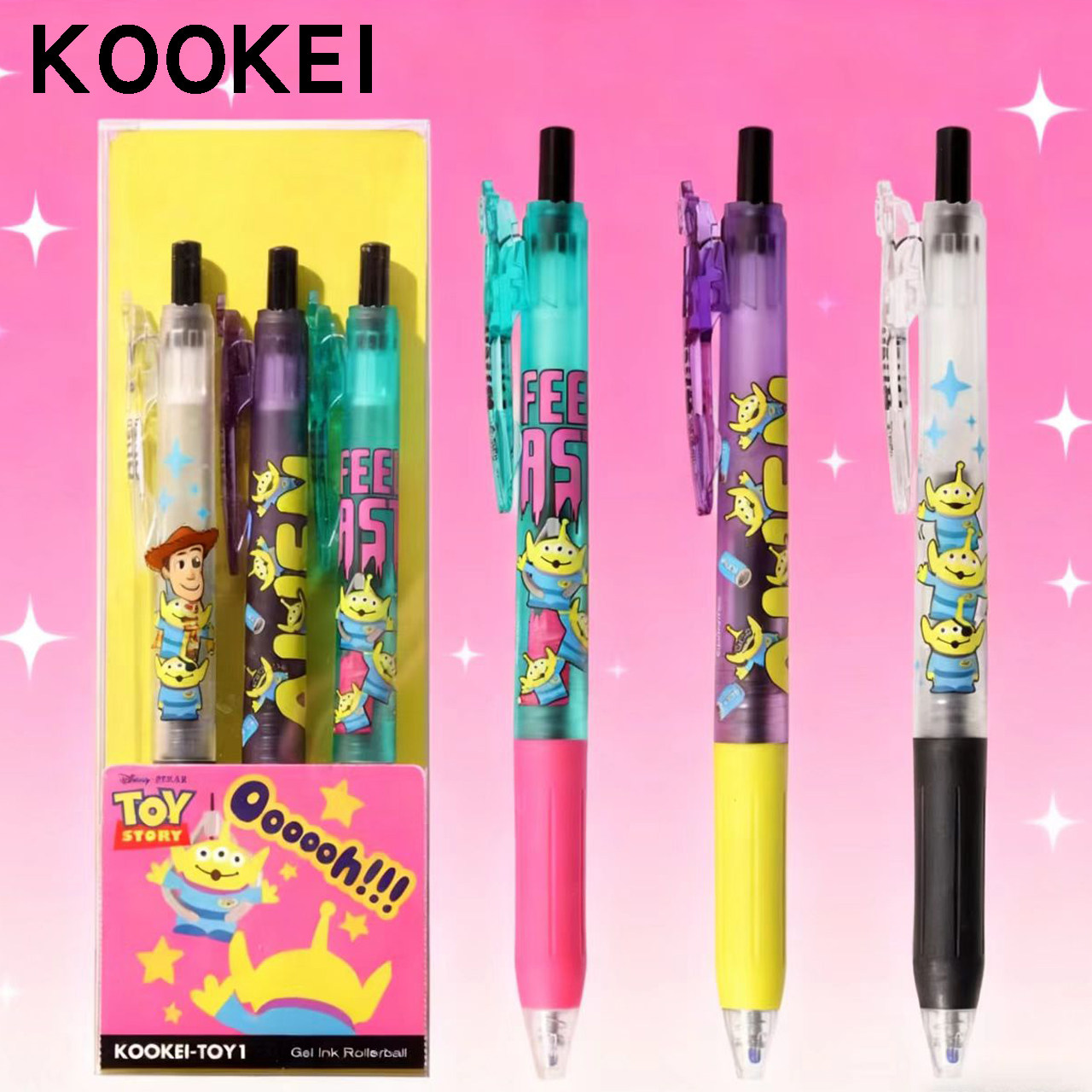 KOOKEI官方旗舰店限定玩具总动员三眼仔中性笔0.5mm按动水笔可爱蜡笔小新黑色速干撞色透明杆签字笔限量套装