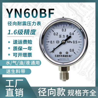 压力表YN60BF全不锈钢耐震压力表0-1.6/100mpa多量程水压气压表