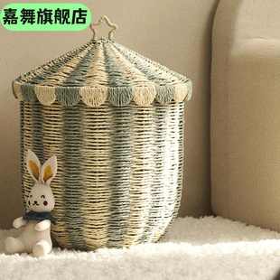 藤编条纹收纳筐脏衣篓编织篮子家用儿童房玩具整理收纳箱