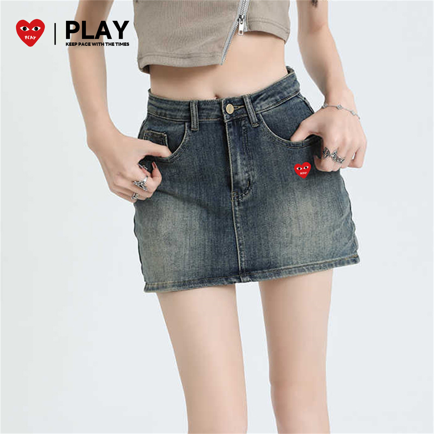 PLAY美式复古牛仔短裙女秋显瘦紧身包臀裙裤短款高腰半身裙