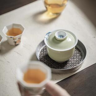 手绘青花竹隐盖碗 功夫茶具豆青釉陶瓷泡茶碗 文人茶器