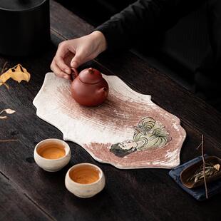 手绘柿染茶席禅意防水干泡席茶道装饰古画单人茶布茶垫子桌旗茶旗
