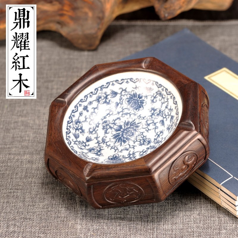 OQ5M中式烟灰缸青花瓷烟灰缸根雕烟灰缸工艺品烟缸木头烟灰缸复古