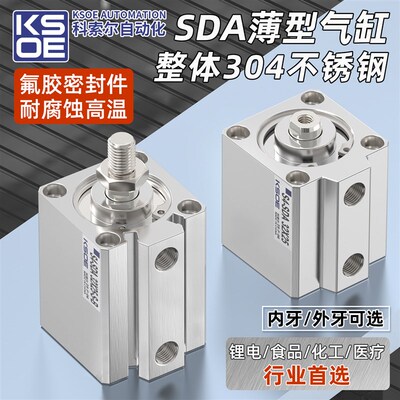 304全不锈钢SDA薄型气缸32耐高温40耐腐蚀50耐酸碱63外牙小型气动