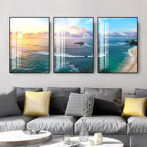 海景三联画客厅装饰画现代简约大气山水壁画风景沙发背景画挂画