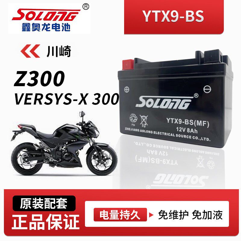 鑫奥龙免维护电瓶适用川崎Z300 VERSVS-X300摩托车电池BS品牌配件