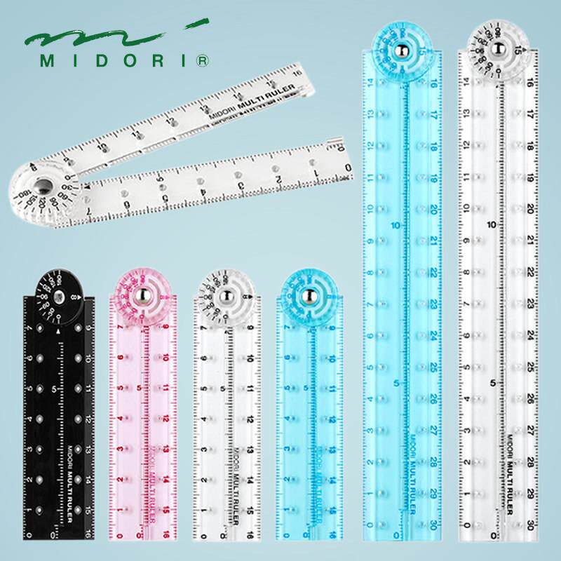 日本midori CL可折叠直尺量角器两用彩色透明 可携式收纳学生文具