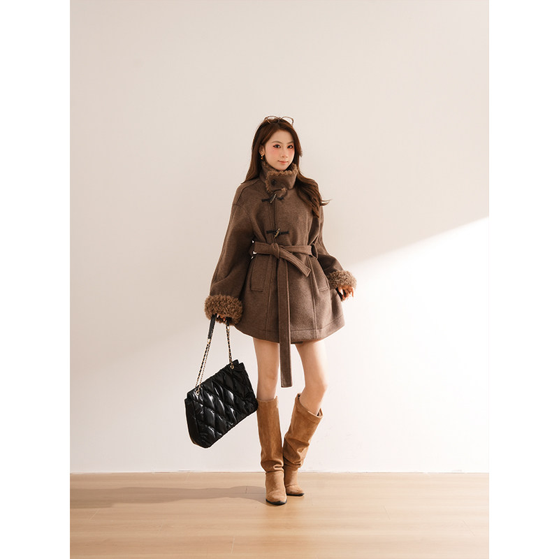 风起时 简约时髦气质棕色收腰呢子中长款大衣毛呢外套冬季新款女
