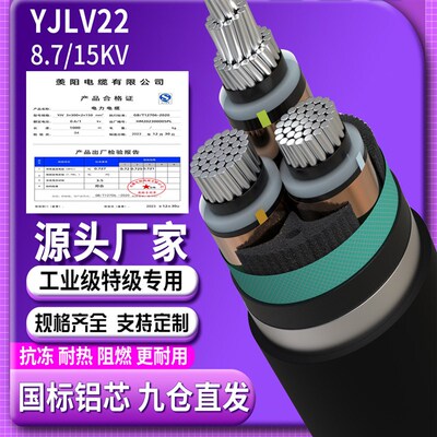 国标铝芯YJLV22高压电缆10KV35 70 95 120 185 240平方铠装电缆线