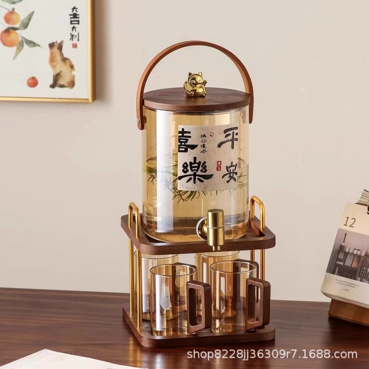 中式冷水壶玻璃耐高温家用商用大容量柠檬冰茶果汁桶凉水壶带龙头