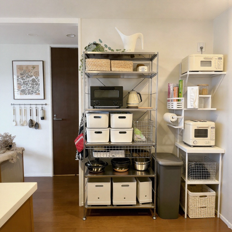 日式不锈钢厨房置物架多层可移动厨具碗碟收纳架防水烤箱微波炉架