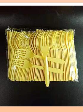 ▹一次性叉子单独包装塑料叉意面水果叉子蛋糕叉子透明df2黄色叉