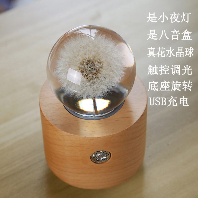 摆件小众蒲公英永生花夜灯八音盒触控无极调光马年桌面转转底座