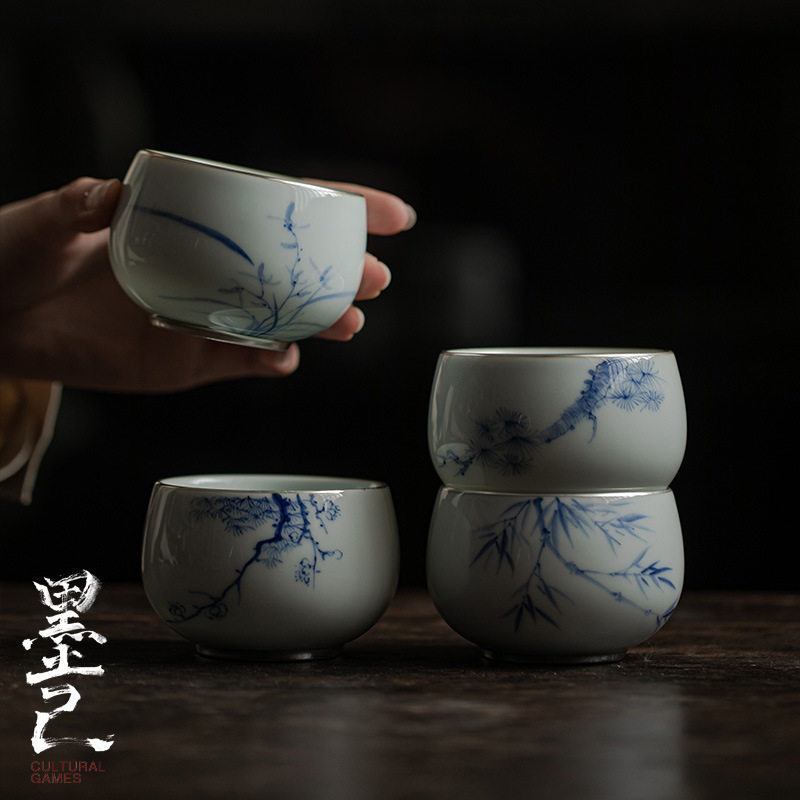 墨己 古青手绘描银主人杯 功夫茶具喝茶品茗杯大号 青花手绘单杯