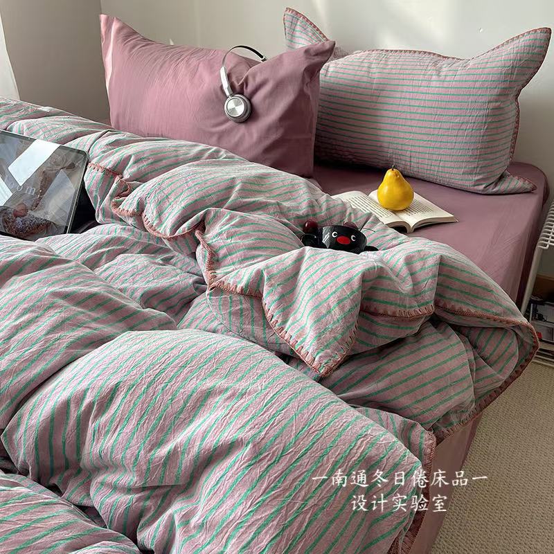 雾屿紫青!ins复古风纯棉水洗棉卧室四件套 简约亲肤全棉床上用品