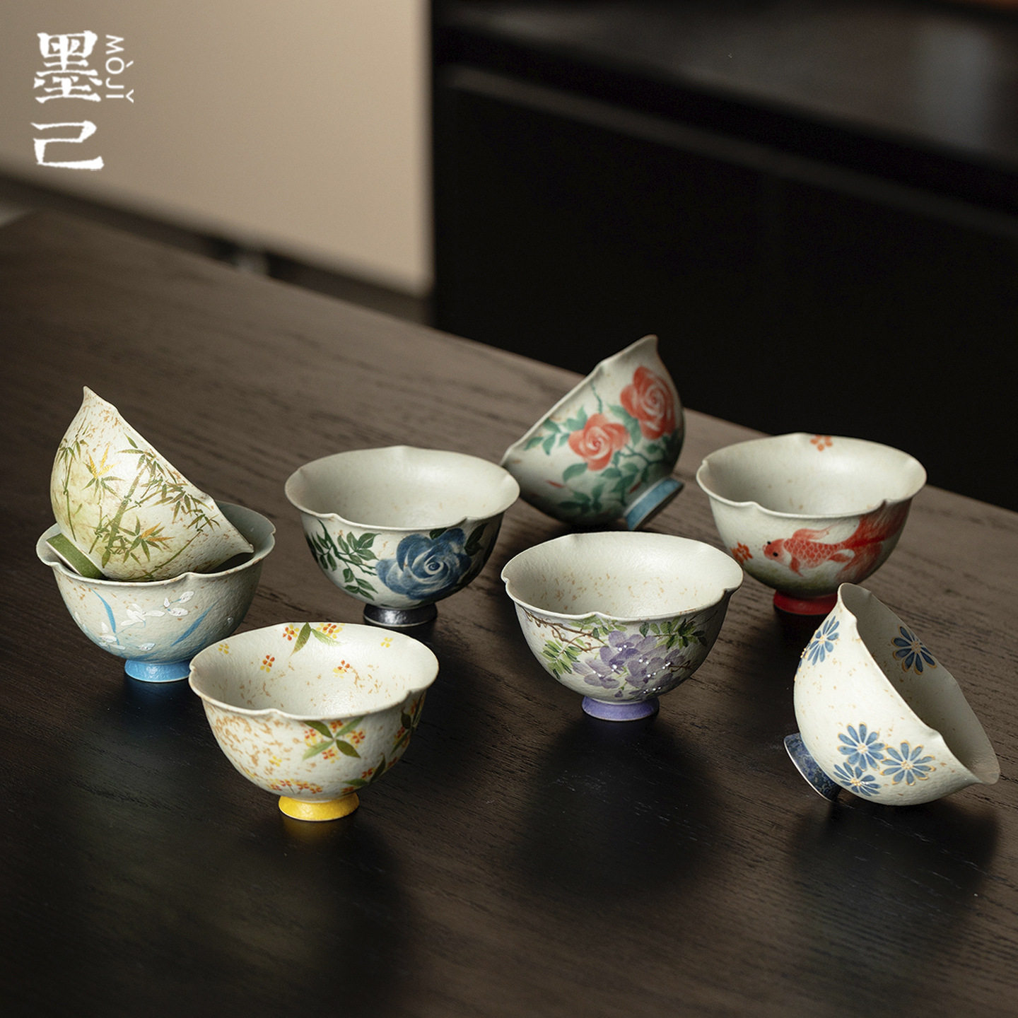墨己火石红手绘陶瓷茶杯功夫茶具釉下彩主人杯高足花口仿古品茗杯