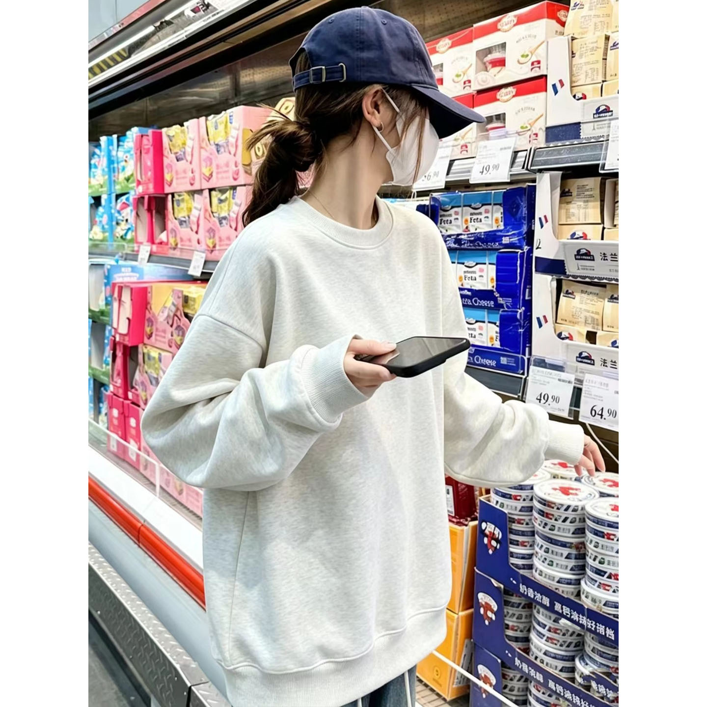 韩版2026新款秋季宽松圆领卫衣女白灰色百搭减龄套头中长加厚上衣