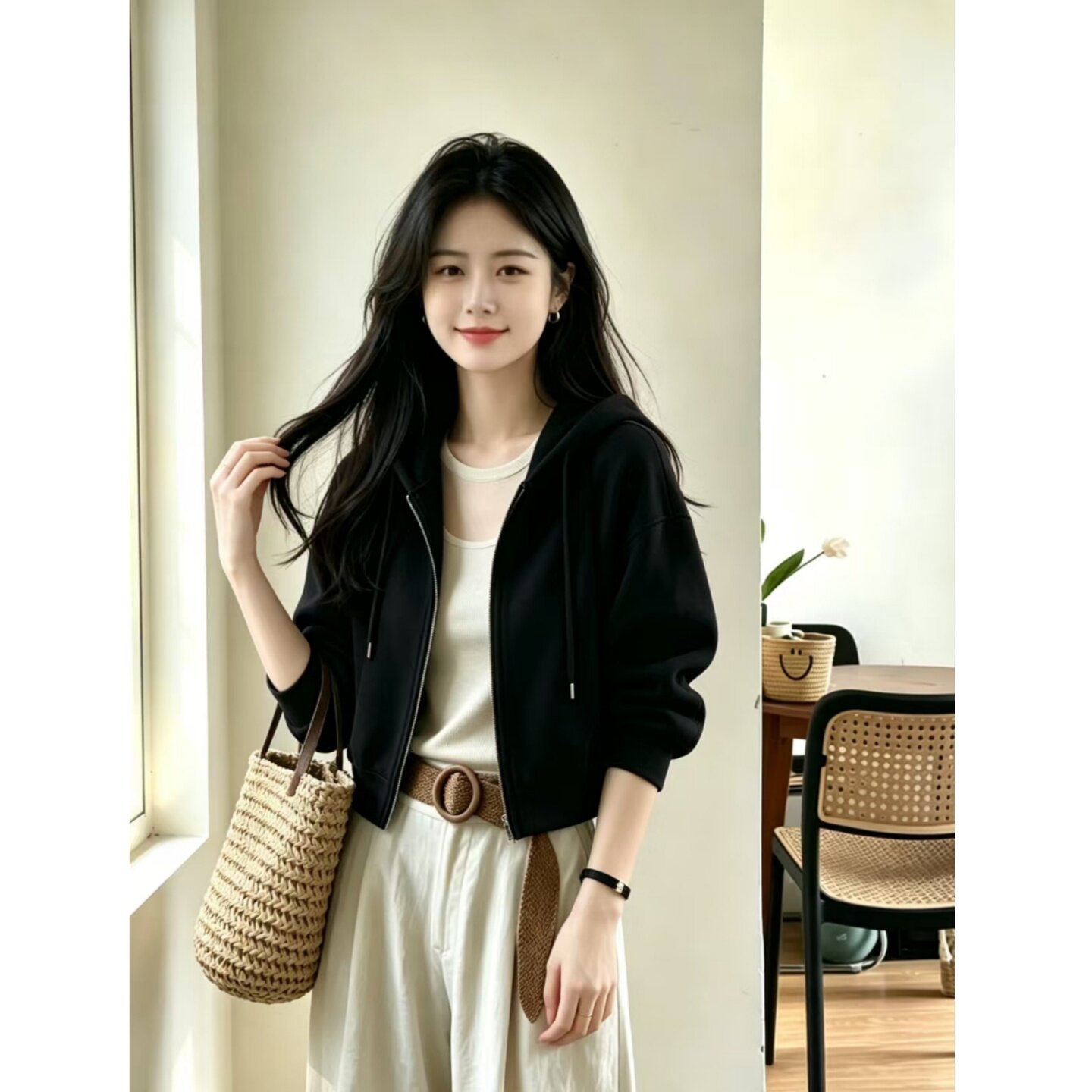 2026新款连帽拉链卫衣女黑色图片