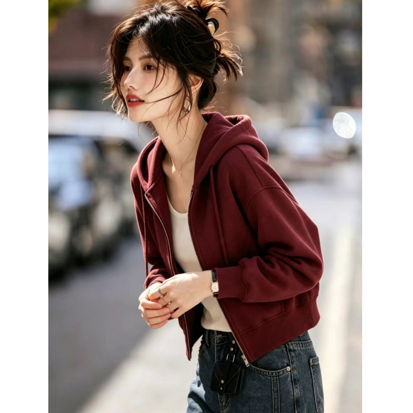 酒红色2026新款连帽短款卫衣女秋冬季拉链开衫百搭小个子春秋外套