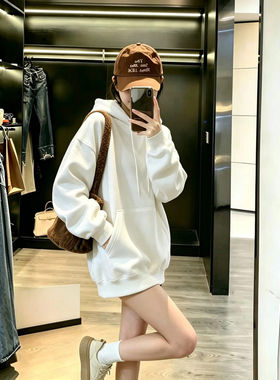 韩系白色连帽卫衣女秋冬宽松遮臀
