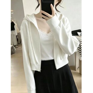 韩版高级感白色连帽卫衣女2026秋冬季宽松小个子短款拉链开衫外套