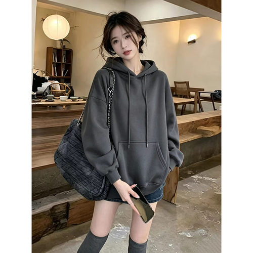 高级感深灰加厚连帽卫衣女显瘦
