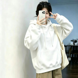 韩版潮流白色连帽卫衣女秋冬季通勤慵懒风宽松休闲套头衫上衣穿搭