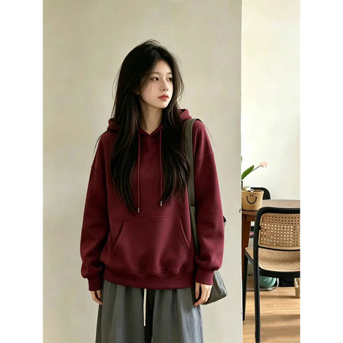 酒红本命年连帽加绒加厚卫衣女