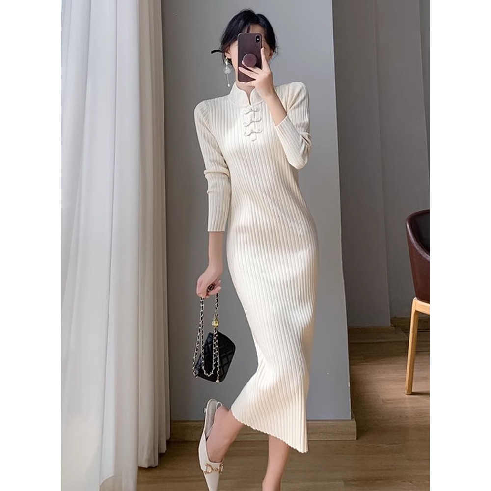 孕妇新中式改良旗袍秋装国风复古盘扣长袖针织连衣裙内搭打底长裙