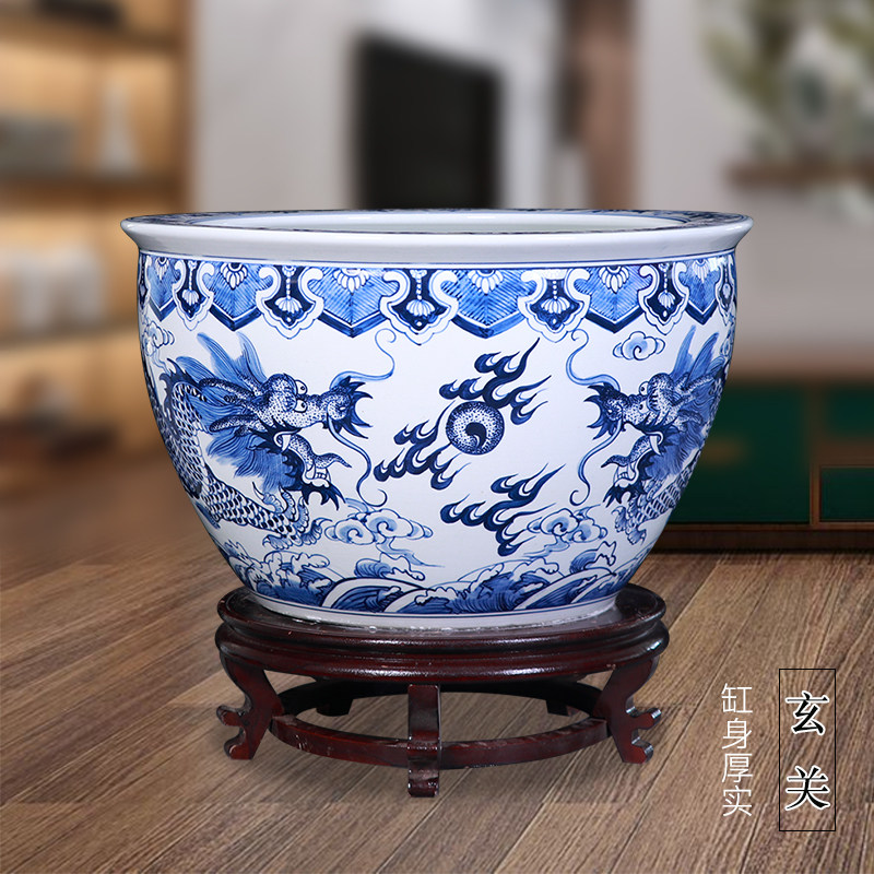 陶瓷手绘金鱼缸青花瓷龙纹特大号客厅养乌龟睡莲荷花盆水缸书画缸