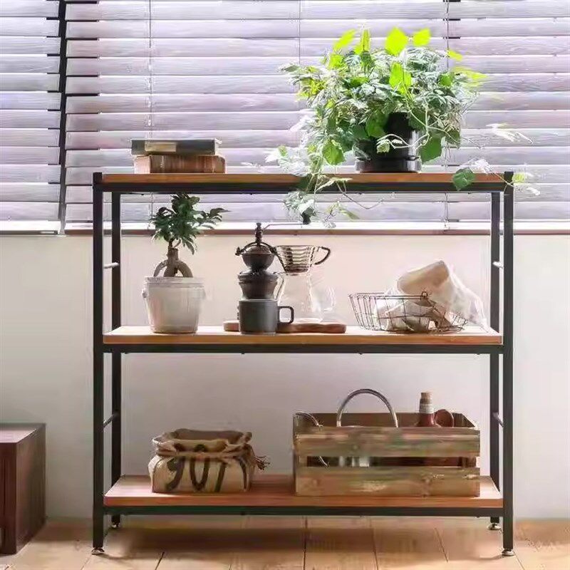 美式实木多层隔板loft复古铁艺架靠墙落地展示置物架厨房层架书柜