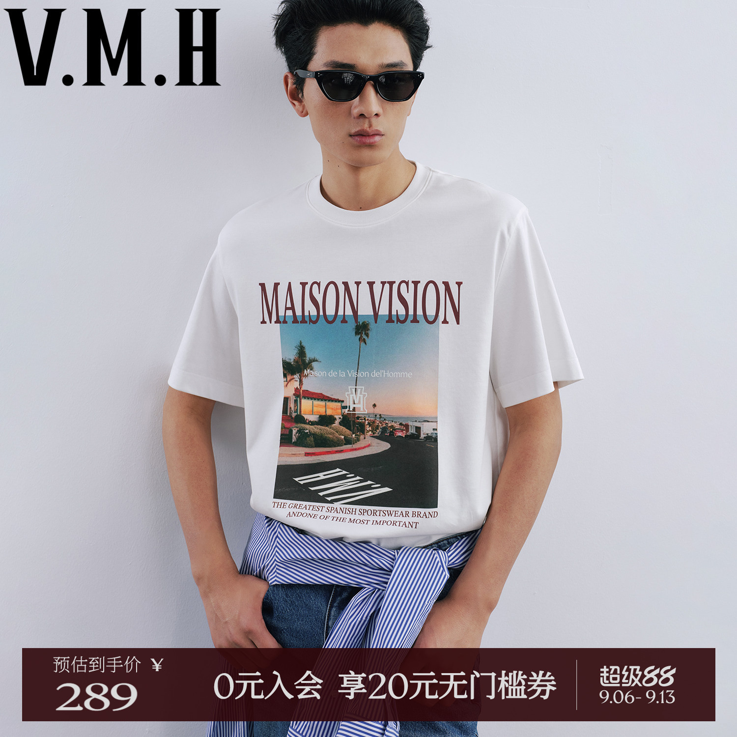 VMH美式流行T恤2026夏装新款男装纯棉字母潮流印花圆领短袖上衣