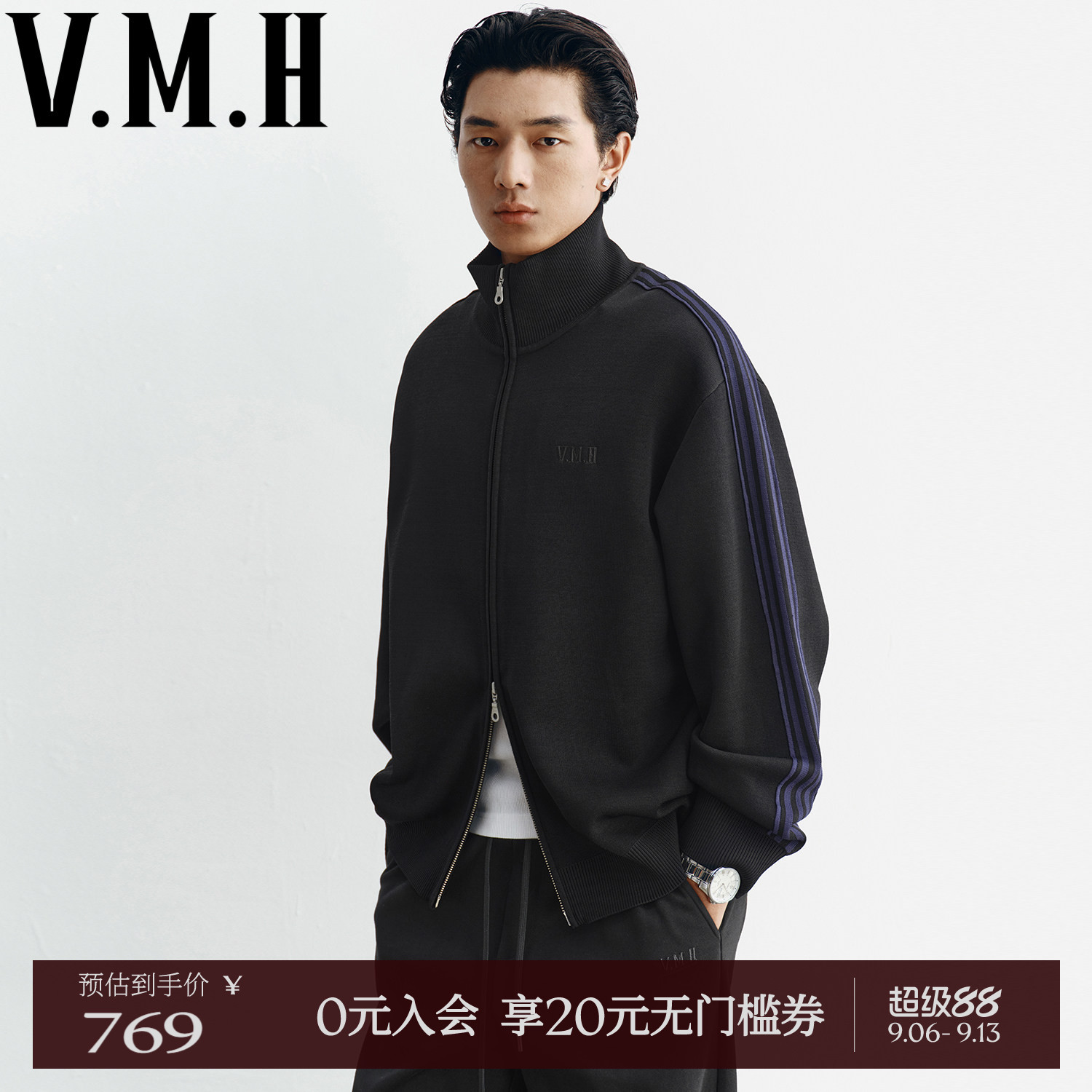 VMH秋男装撞色条纹黑色针织外套