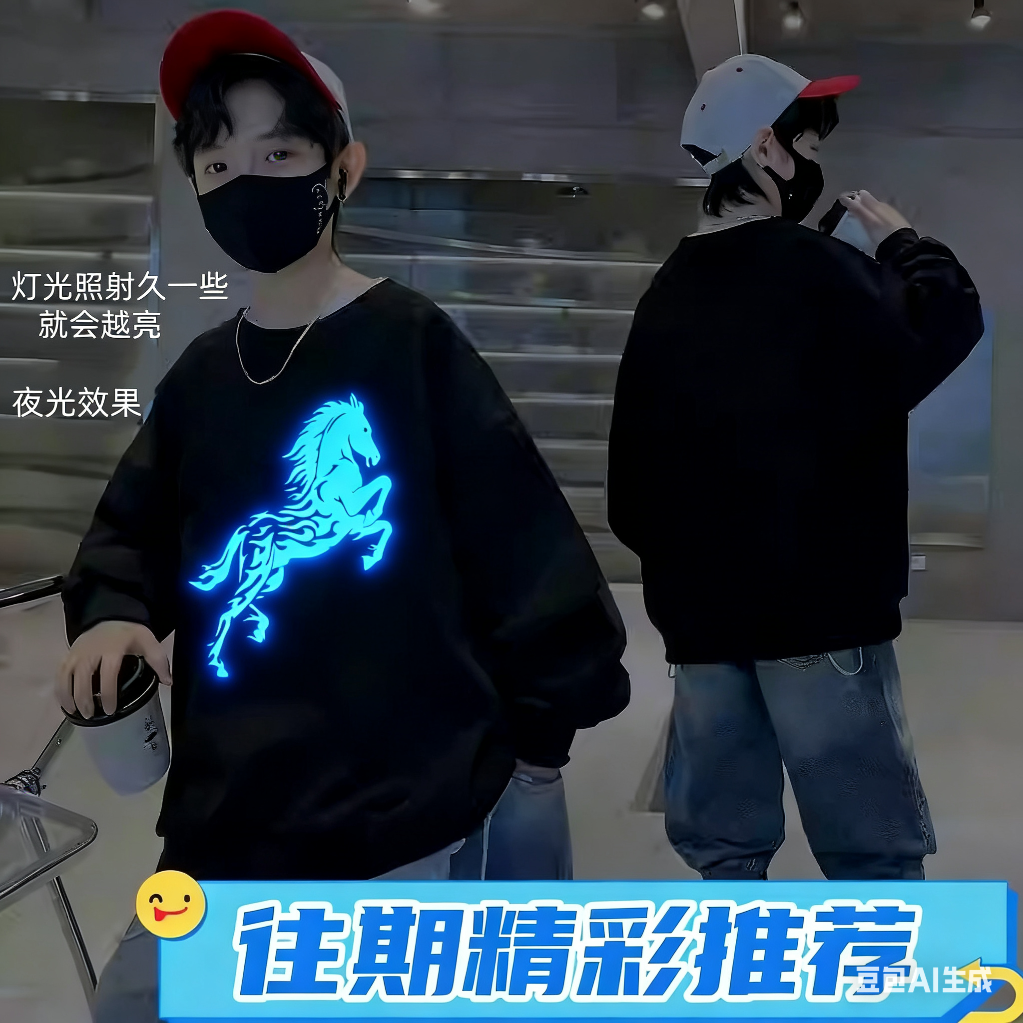 秋冬男童黑色夜光骏马加绒卫衣