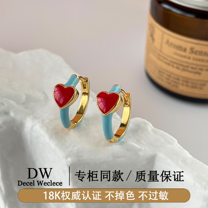 奥特莱斯【品牌撤柜1折】18K金白百何同款复古彩色爱心滴油耳饰