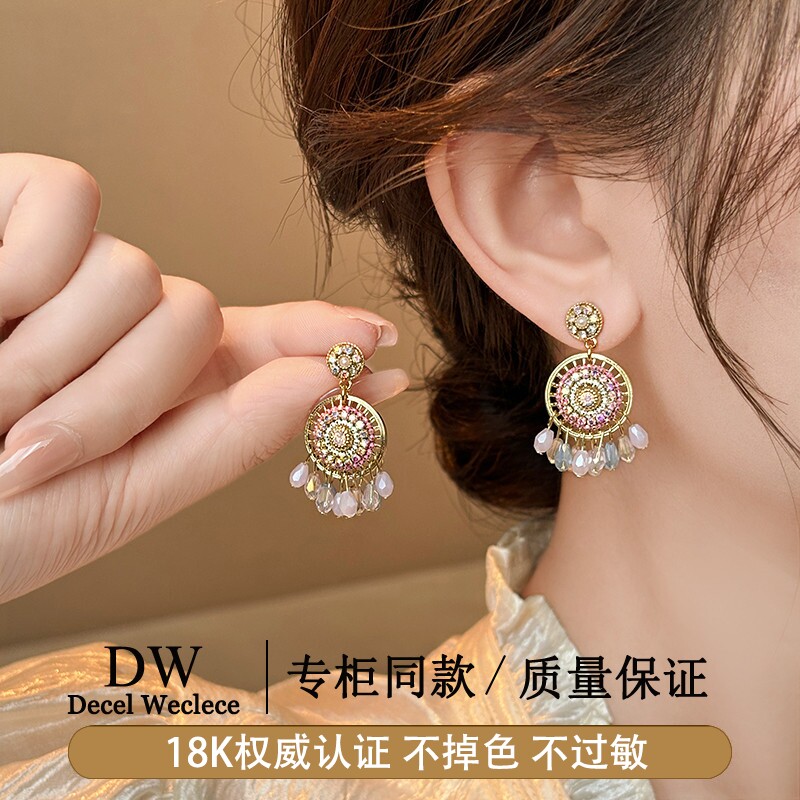 奥特莱斯【专柜正品】18K金纯手工水晶耳钉女耳环复古耳饰
