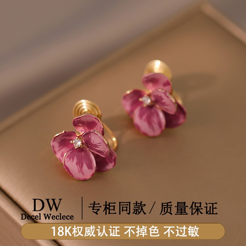 奥特莱斯专柜捡漏海外撤柜18K金滴釉超仙花朵蚊香盘耳夹女无耳洞